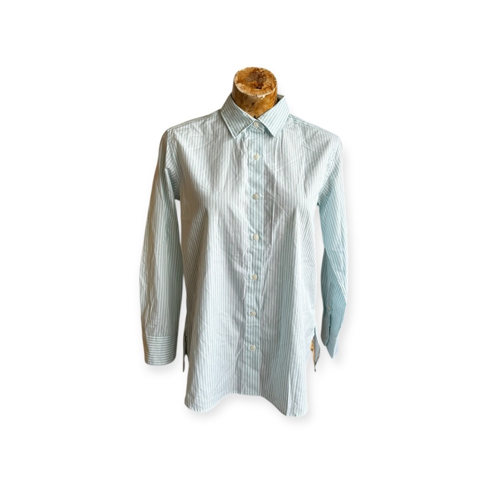Uniqlo top button down white green long sleeve small business stripes